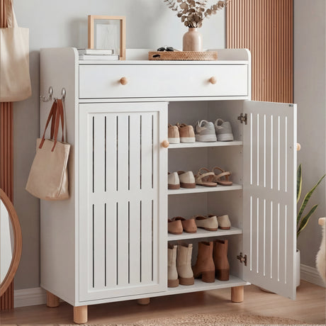 [White] White 4-tier shoe storage cabinet with right door open showing three shelves of shoes and a closed top drawer