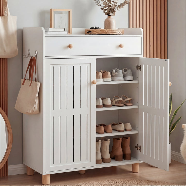 [White] White 4-tier shoe storage cabinet with right door open showing three shelves of shoes and a closed top drawer