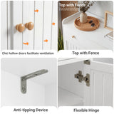 [White] Detail collage of the white shoe storage cabinet showing ventilation doors, fenced top, safety bracket and hinge