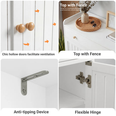 [White] Detail collage of the white shoe storage cabinet showing ventilation doors, fenced top, safety bracket and hinge