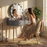 Dressing Table With Drawers and Hollywood Mirror Makeup Vanity Desk in grey with light bulbs, perfect for bedroom makeup and storage setup.