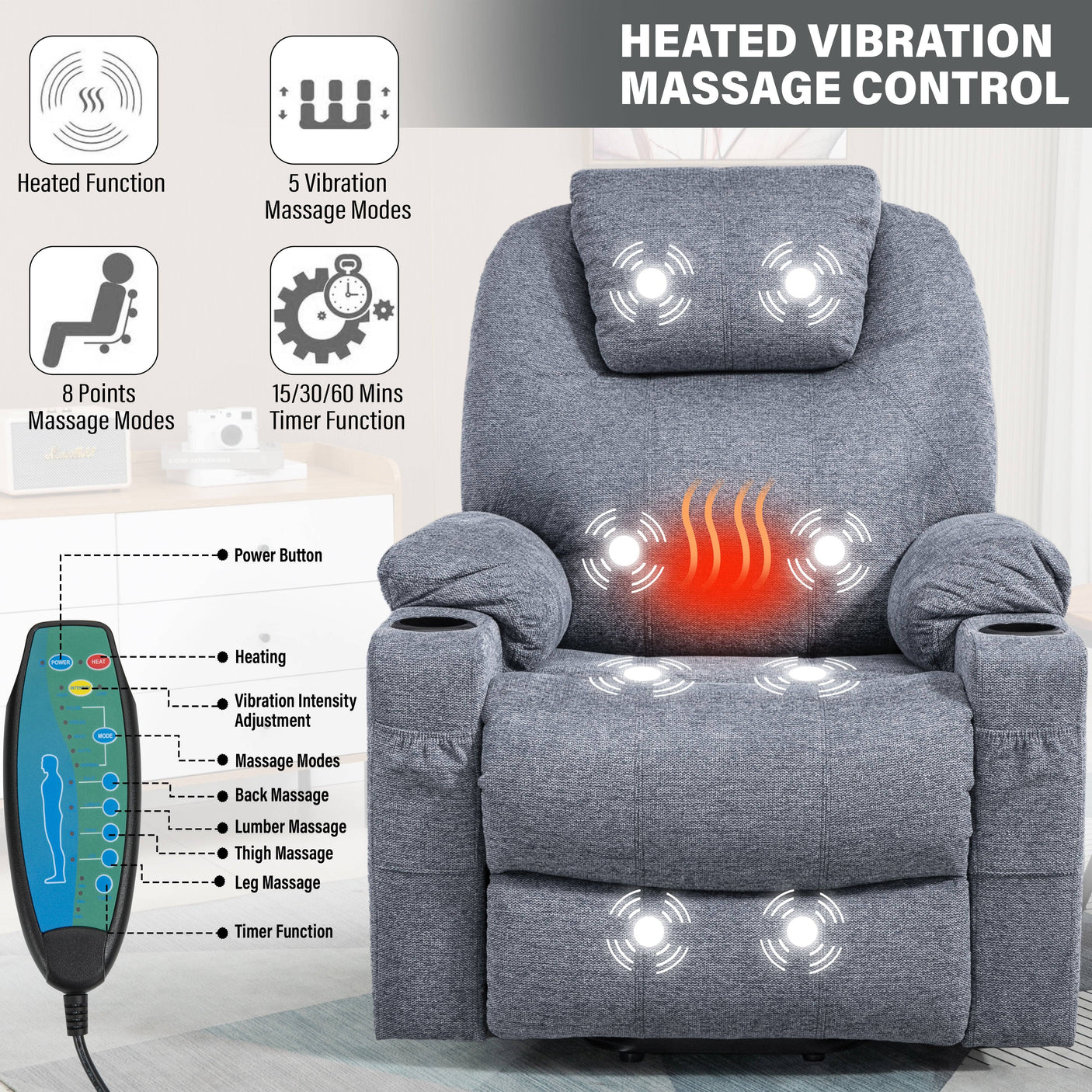 Heated massage recliner chair with 8-point vibration zones and remote control, offering lumbar and back massage with timer settings.