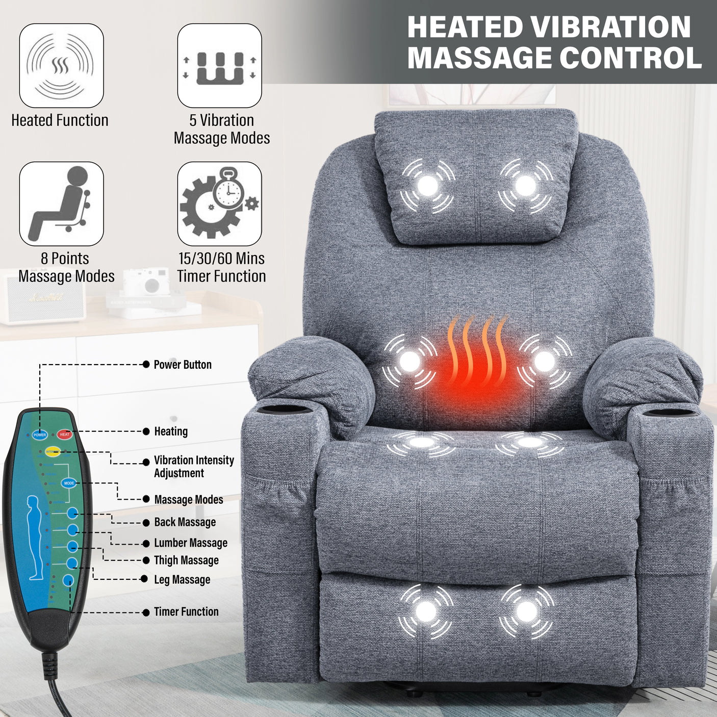 Riser Recliner Chair With Cup Holder, Heat and Massage