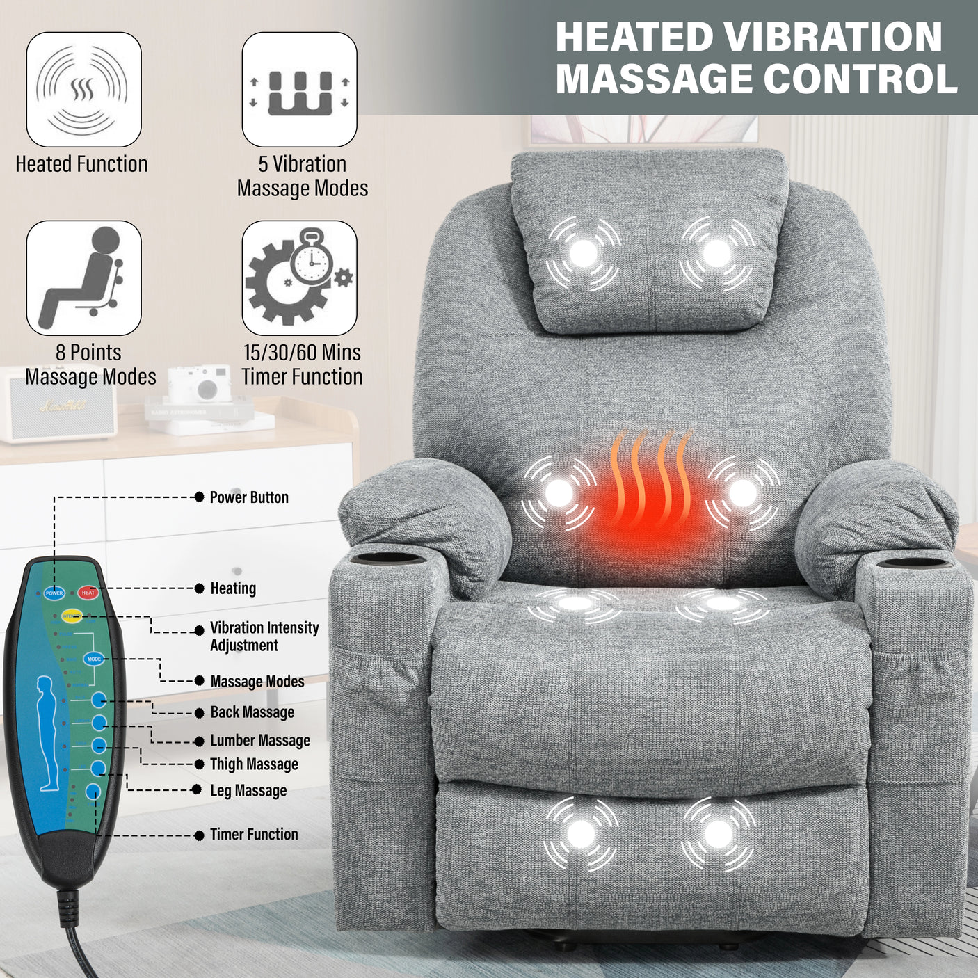 Riser Recliner Chair With Cup Holder, Heat and Massage
