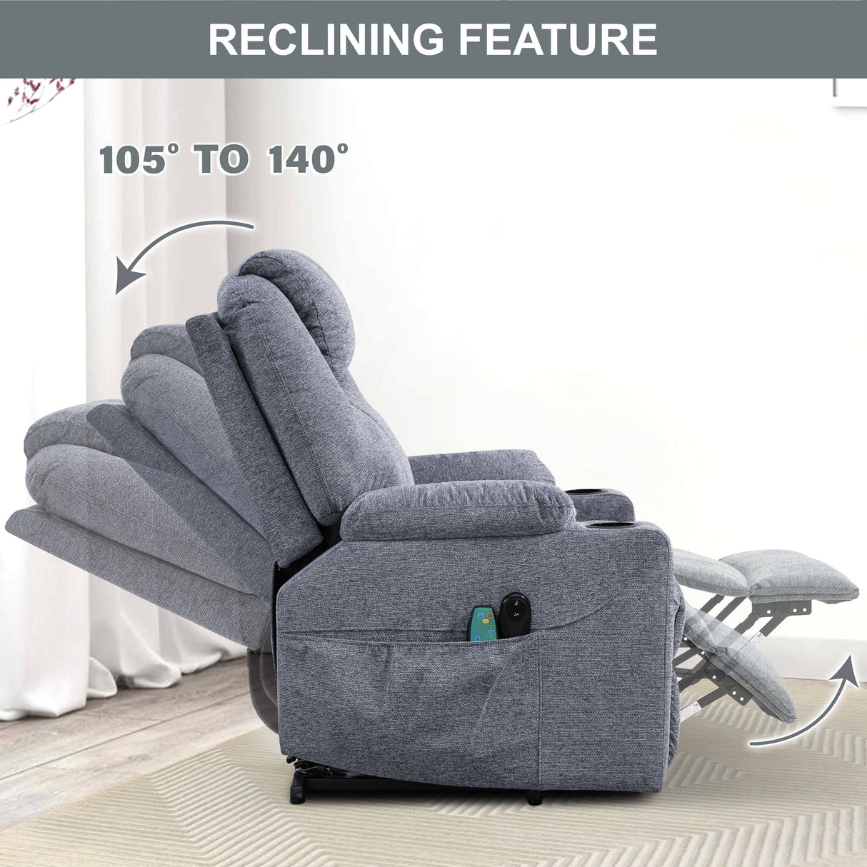 Grey electric recliner chair showing adjustable reclining angles from 105° to 140° for personalized comfort and relaxation.