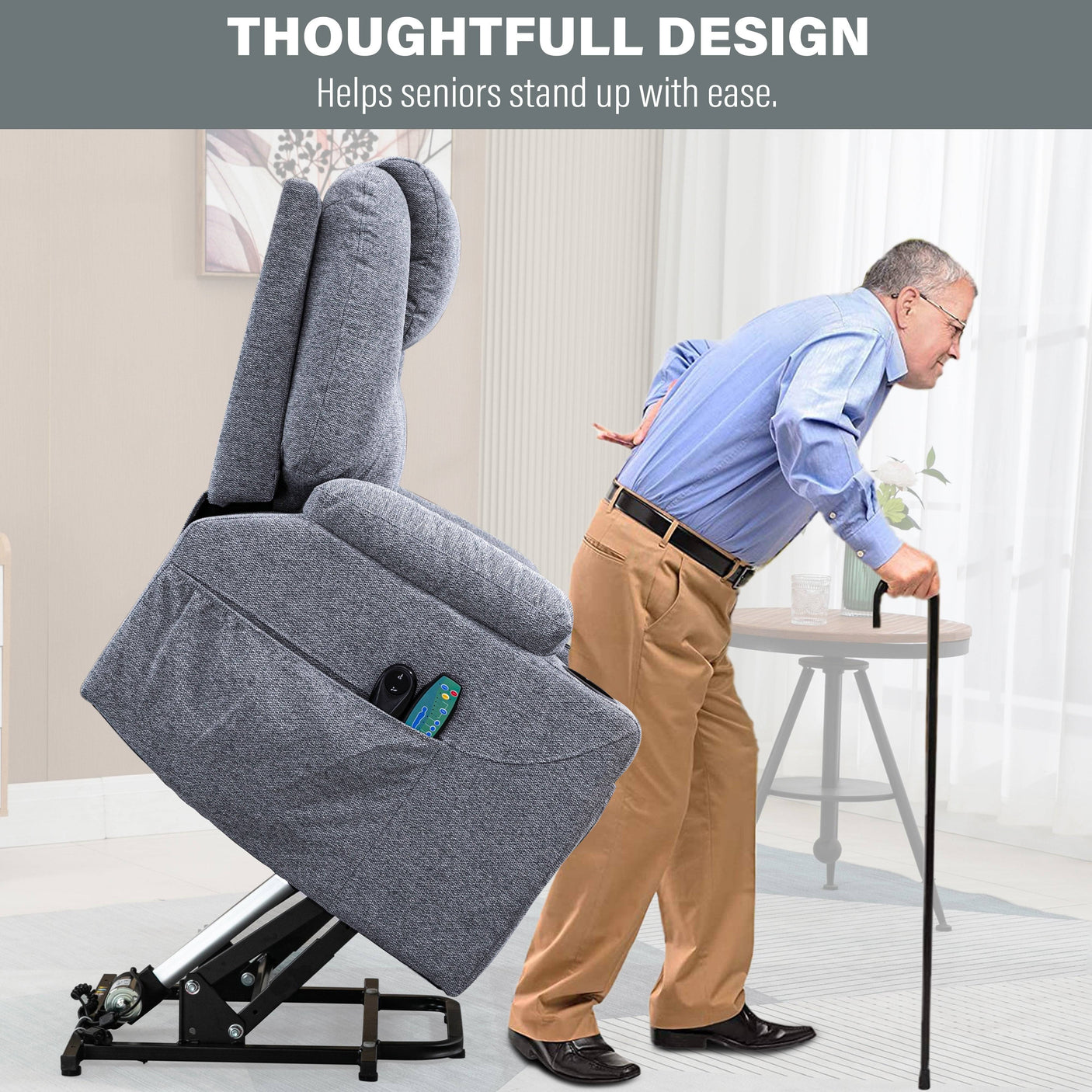 Electric riser recliner chair in grey fabric helping elderly man stand up, designed for mobility support and ease of use.