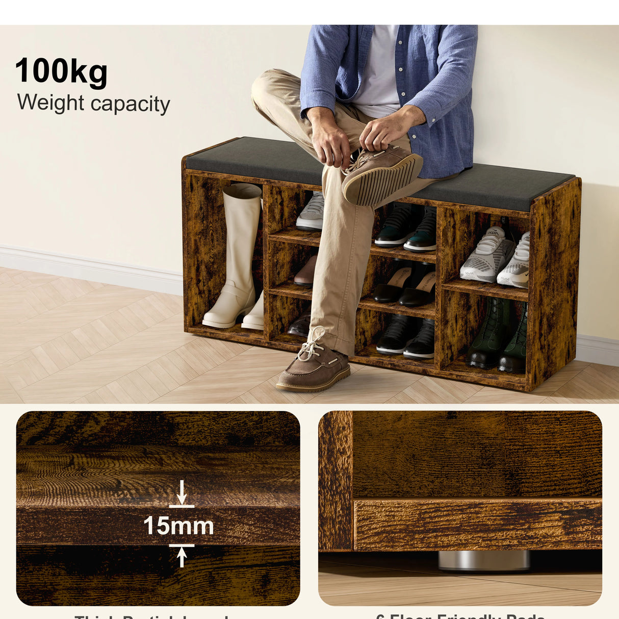 Hallway Shoe Storage Bench With Cushion & Adjustable Shelves
