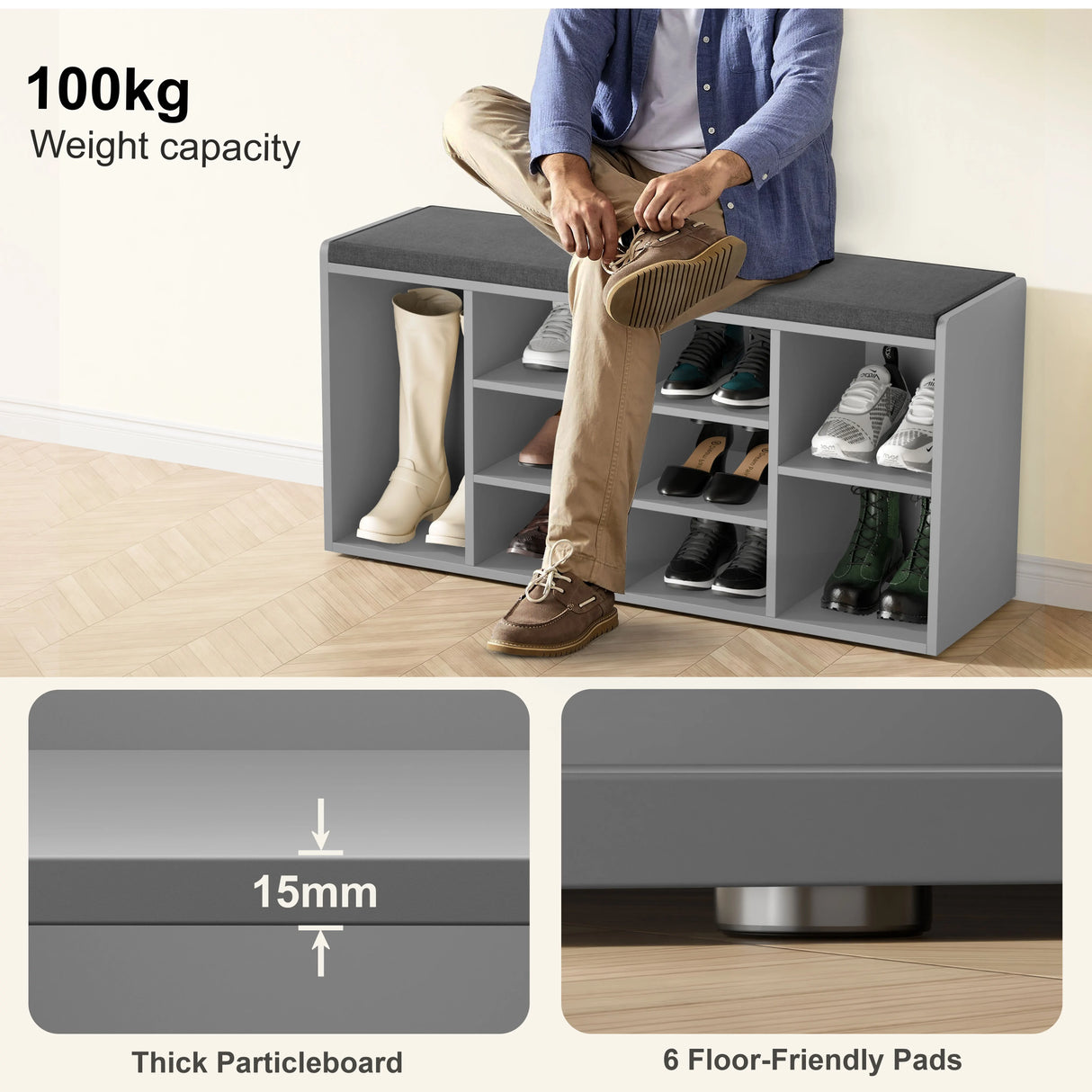 Hallway Shoe Storage Bench With Cushion & Adjustable Shelves