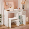 Dressing Table with Mirror and Storage - Makeup Vanity Desk for Girls in white marble finish with drawers, flip-up mirror, and matching stool.