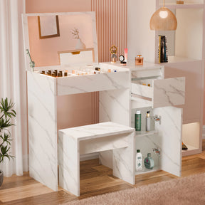 Dressing Table with Mirror and Storage - Makeup Vanity Desk for Girls in white marble finish with drawers, flip-up mirror, and matching stool.