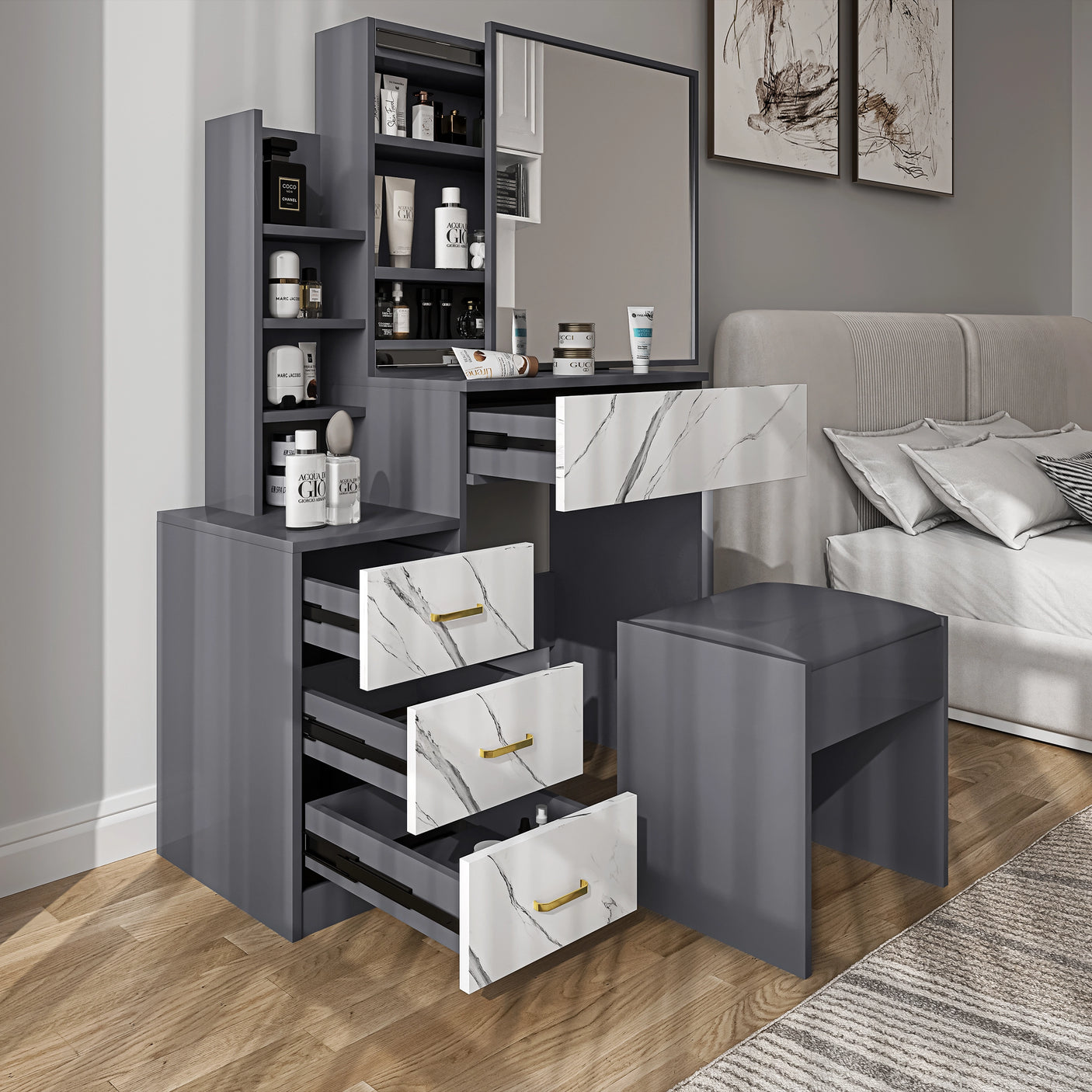 Dressing Table with Storage, Drawers and Mirror - Vanity Makeup Table