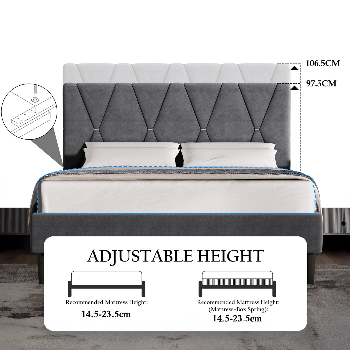 Velvet Upholstered Bed Frame in Grey & Beige with Adjustable Headboard