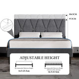 Velvet Upholstered Bed Frame in Grey & Beige with Adjustable Headboard