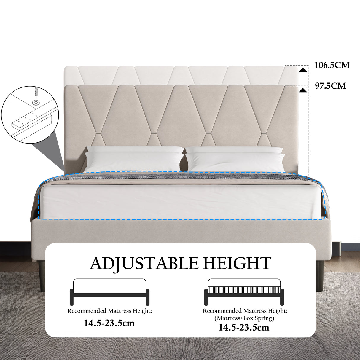 Velvet Upholstered Bed Frame in Grey & Beige with Adjustable Headboard