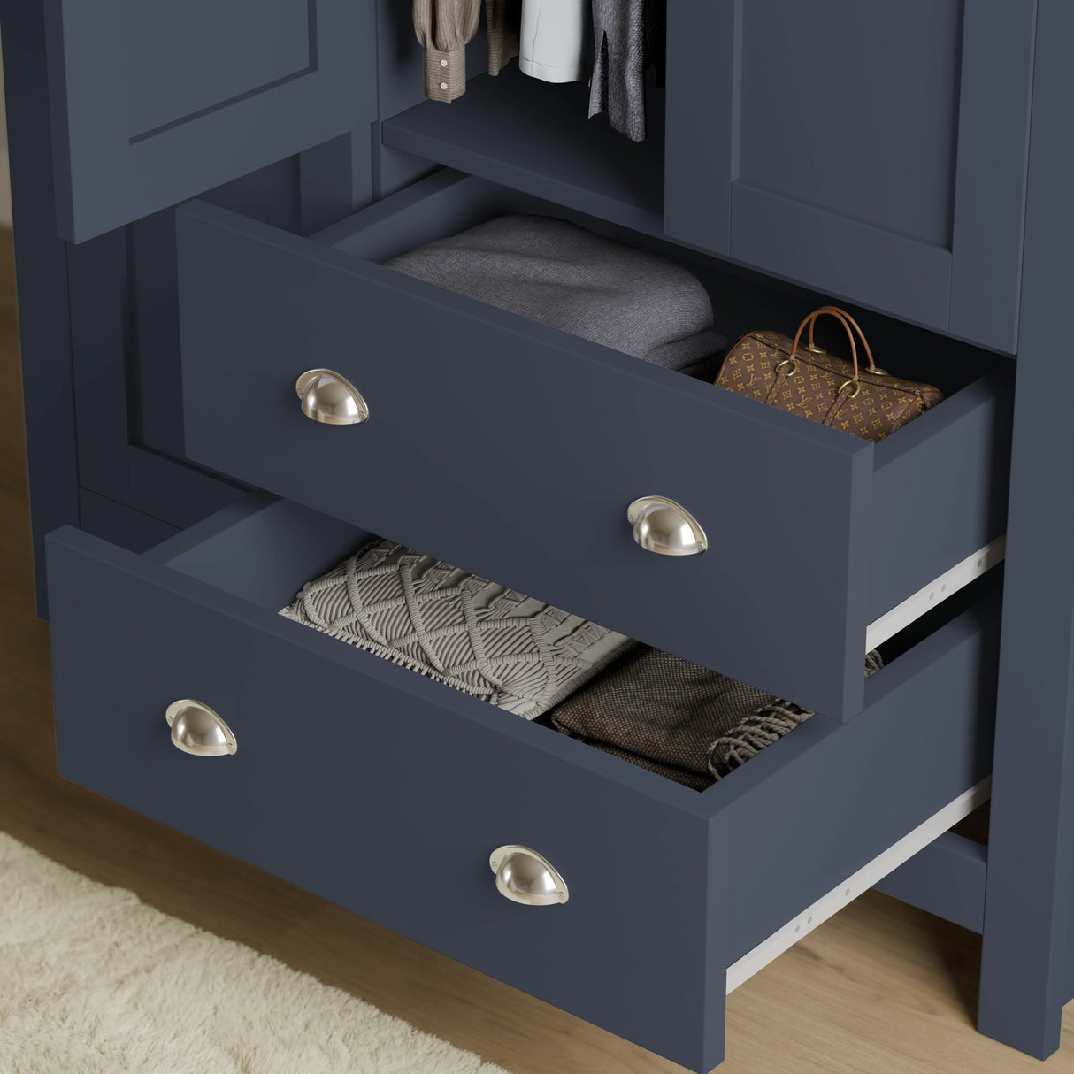 Shaker Triple Wardrobe With Drawers And Shelves