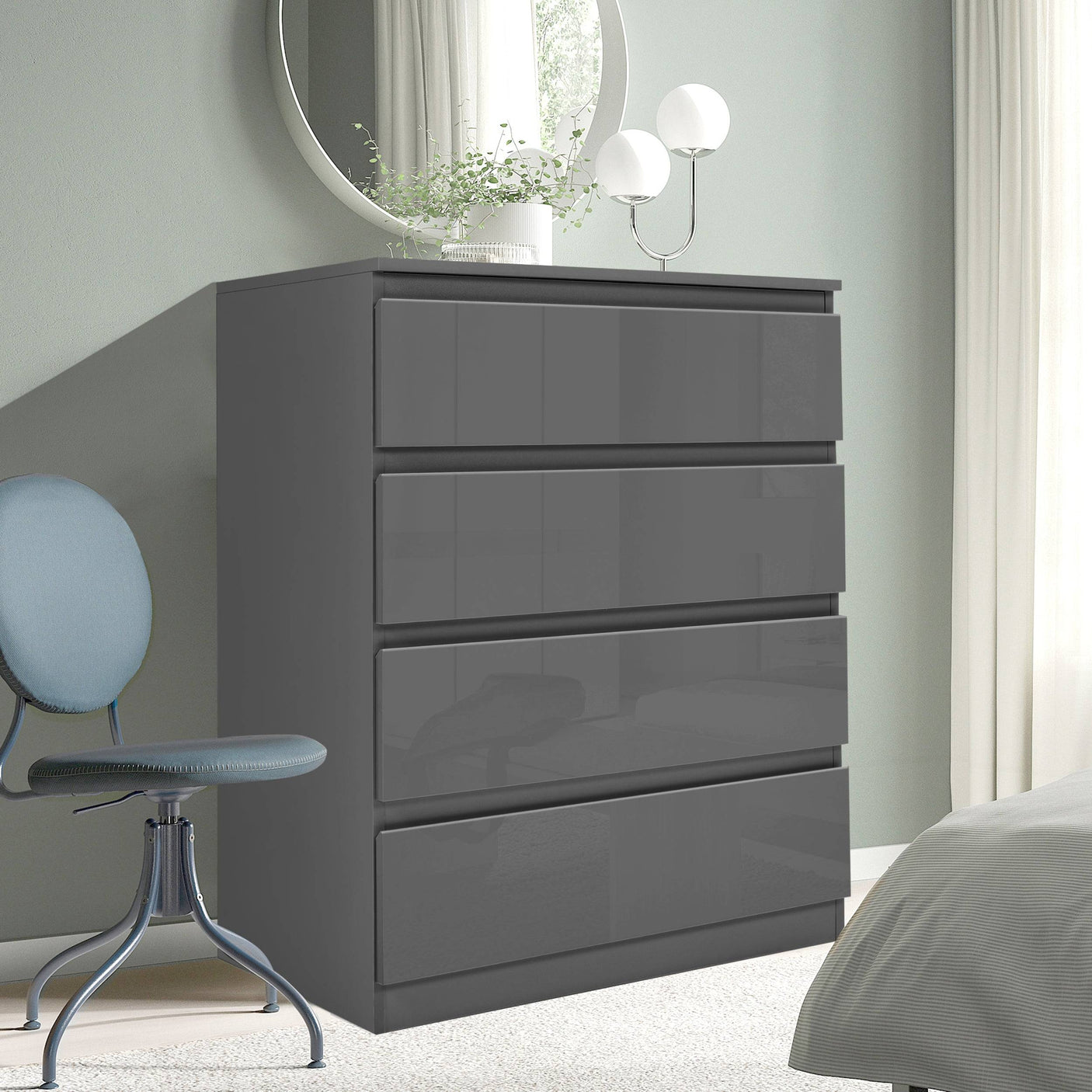 Blisswood Dark Grey Chest of Drawers - High Gloss Drawers 4-drawer unit in a bedroom setting, offering stylish and spacious storage.