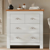2 over 2 Chest of Drawers in white with wood top, ideal for bedroom storage. Compact dresser with silver cup handles and modern design.