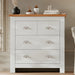 2 over 2 Chest of Drawers in white with wood top, ideal for bedroom storage. Compact dresser with silver cup handles and modern design.