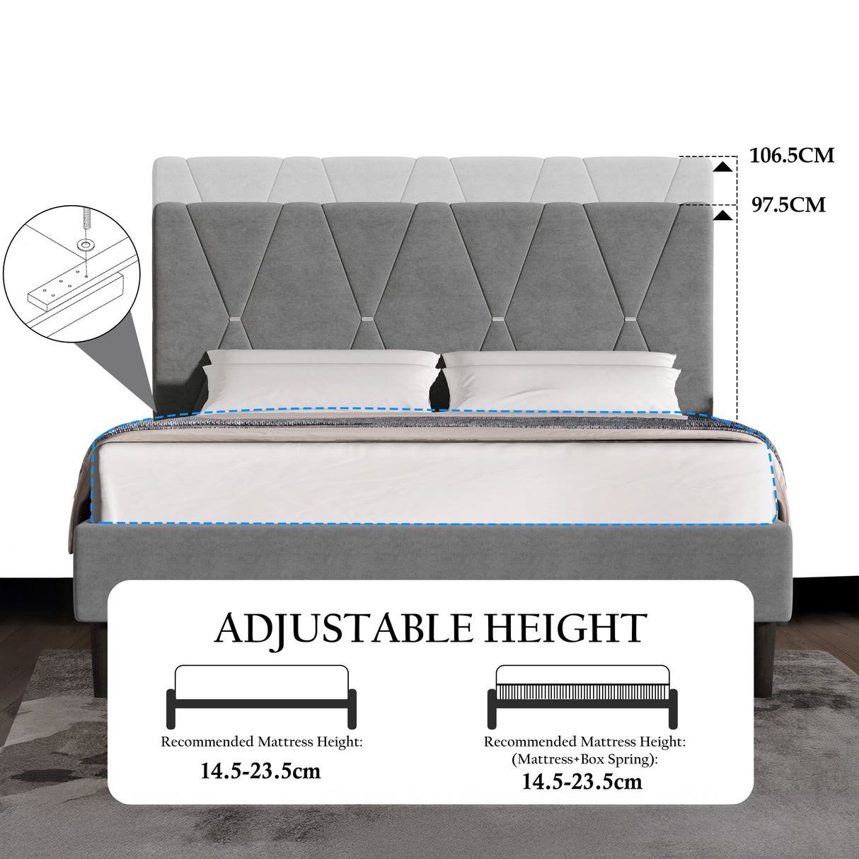 Velvet Upholstered Bed Frame in Grey & Beige with Adjustable Headboard