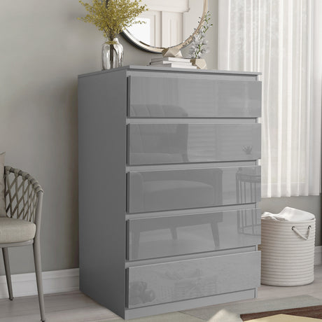 Modern 5-drawer grey chest for spacious storage and a sleek bedroom look.