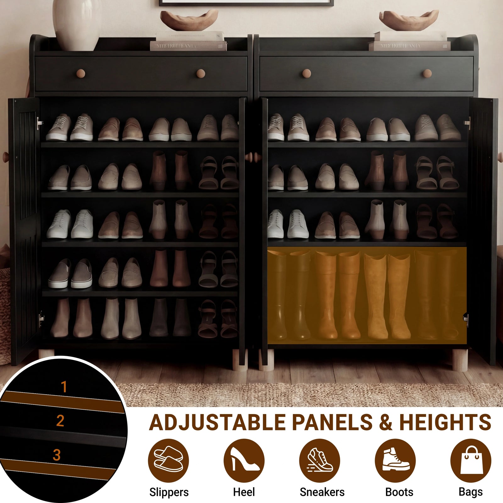 [Black] Shelf configuration comparison with standard spacing and tall item mode for boots and oversized bags