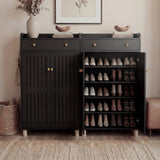 [Black] Close vs open view showing slatted doors shut on left and shelves filled with shoes on right