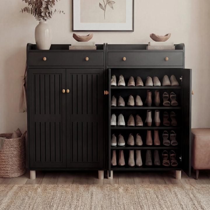 [Black] Close vs open view showing slatted doors shut on left and shelves filled with shoes on right