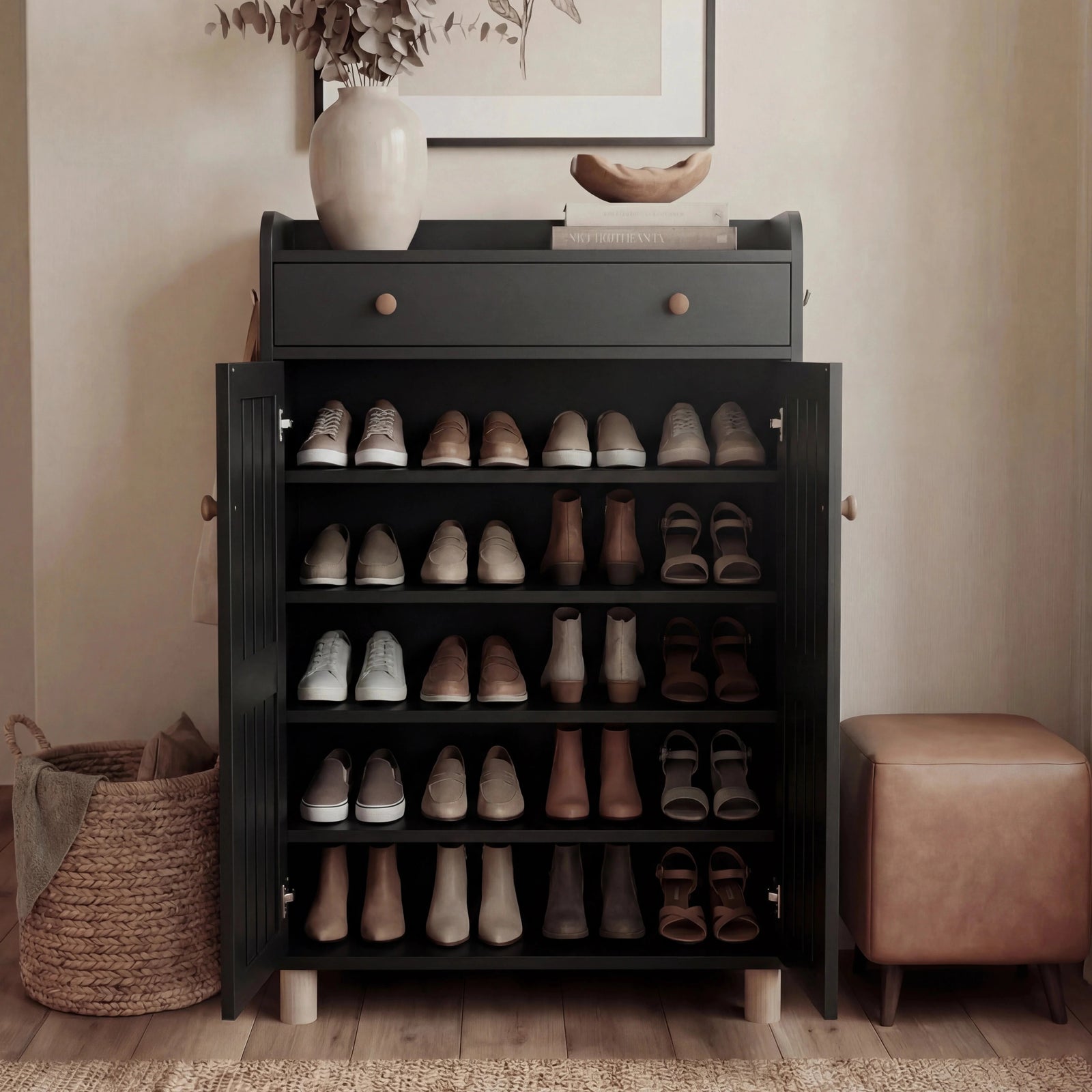 [Black] Both doors wide open showing all 5 shelves fully loaded with shoes from slippers to boots