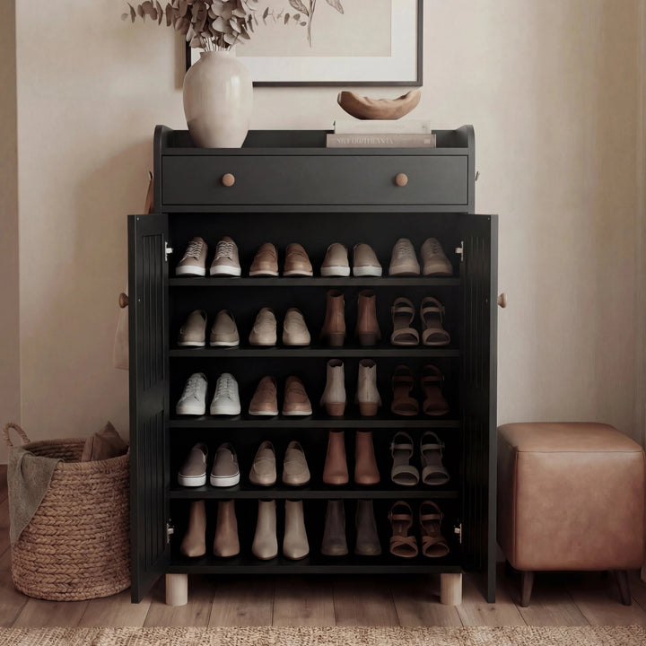 [Black] Both doors wide open showing all 5 shelves fully loaded with shoes from slippers to boots