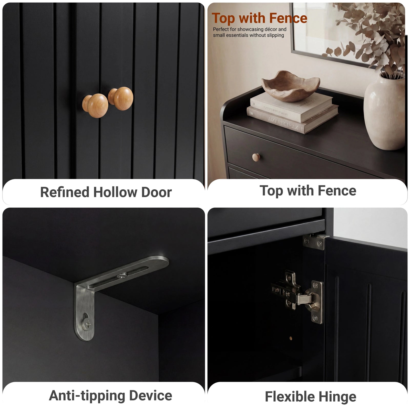 [Black] Hardware grid: wooden door knob, raised top with back fence rail, anti-tip wall bracket and flexible hinge
