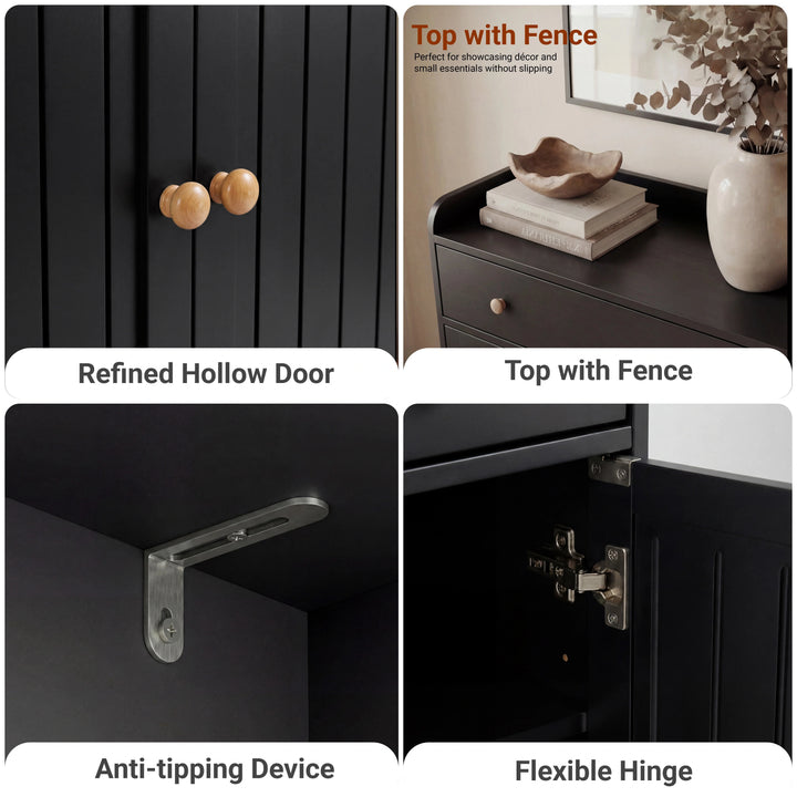 [Black] Hardware grid: wooden door knob, raised top with back fence rail, anti-tip wall bracket and flexible hinge