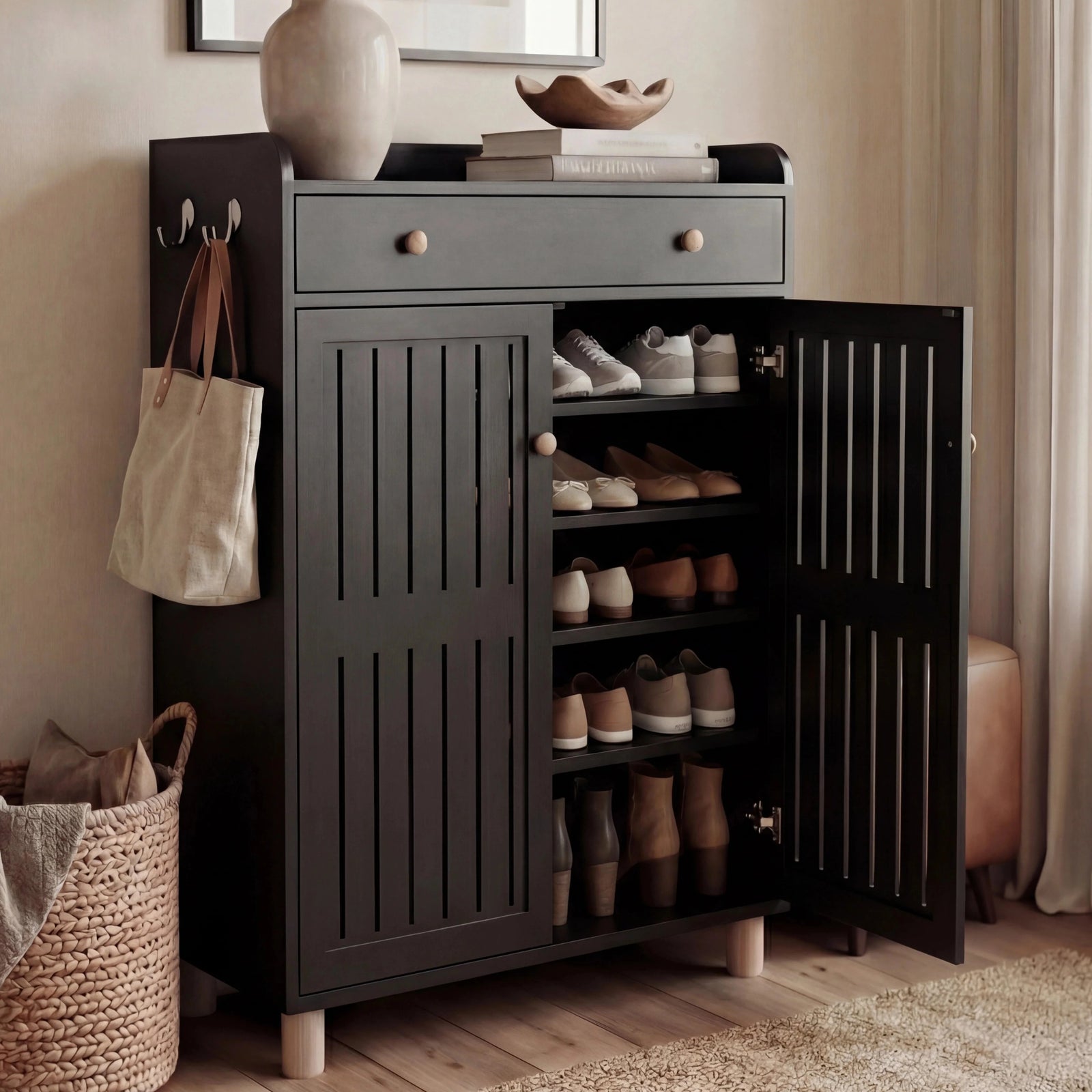 [Black] Right door open revealing 5 tiers of neatly arranged shoes with left door closed in warm hallway setting