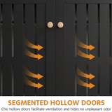 [Black] Close-up of segmented hollow slatted door panels with wooden knobs and orange airflow direction arrows