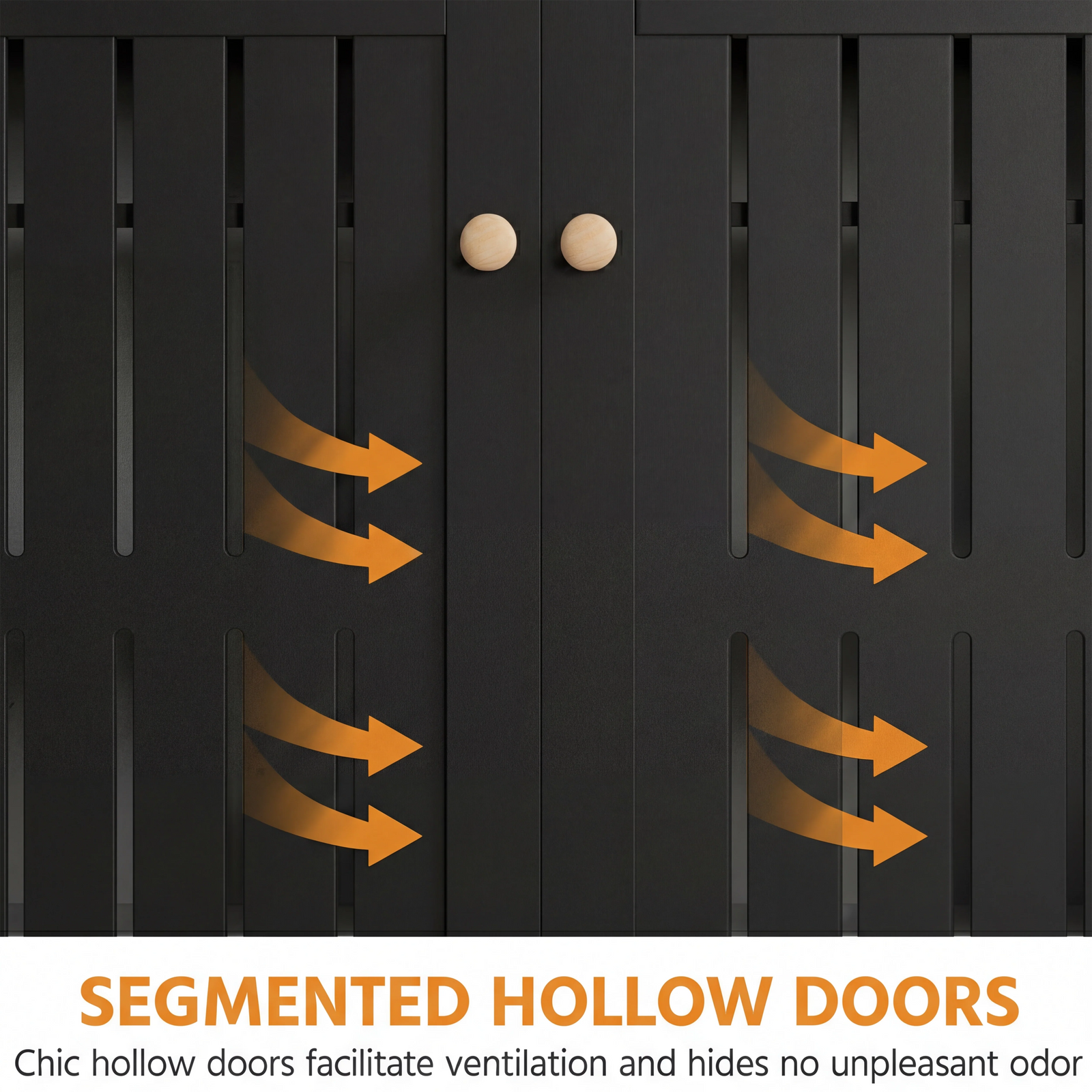 [Black] Close-up of segmented hollow slatted door panels with wooden knobs and orange airflow direction arrows