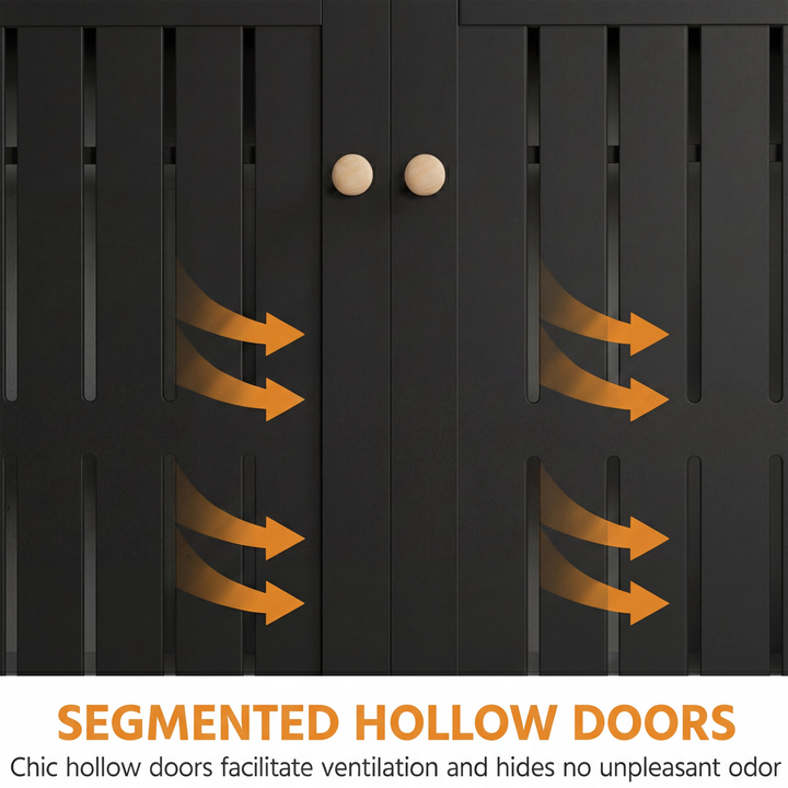 [Black] Close-up of segmented hollow slatted door panels with wooden knobs and orange airflow direction arrows