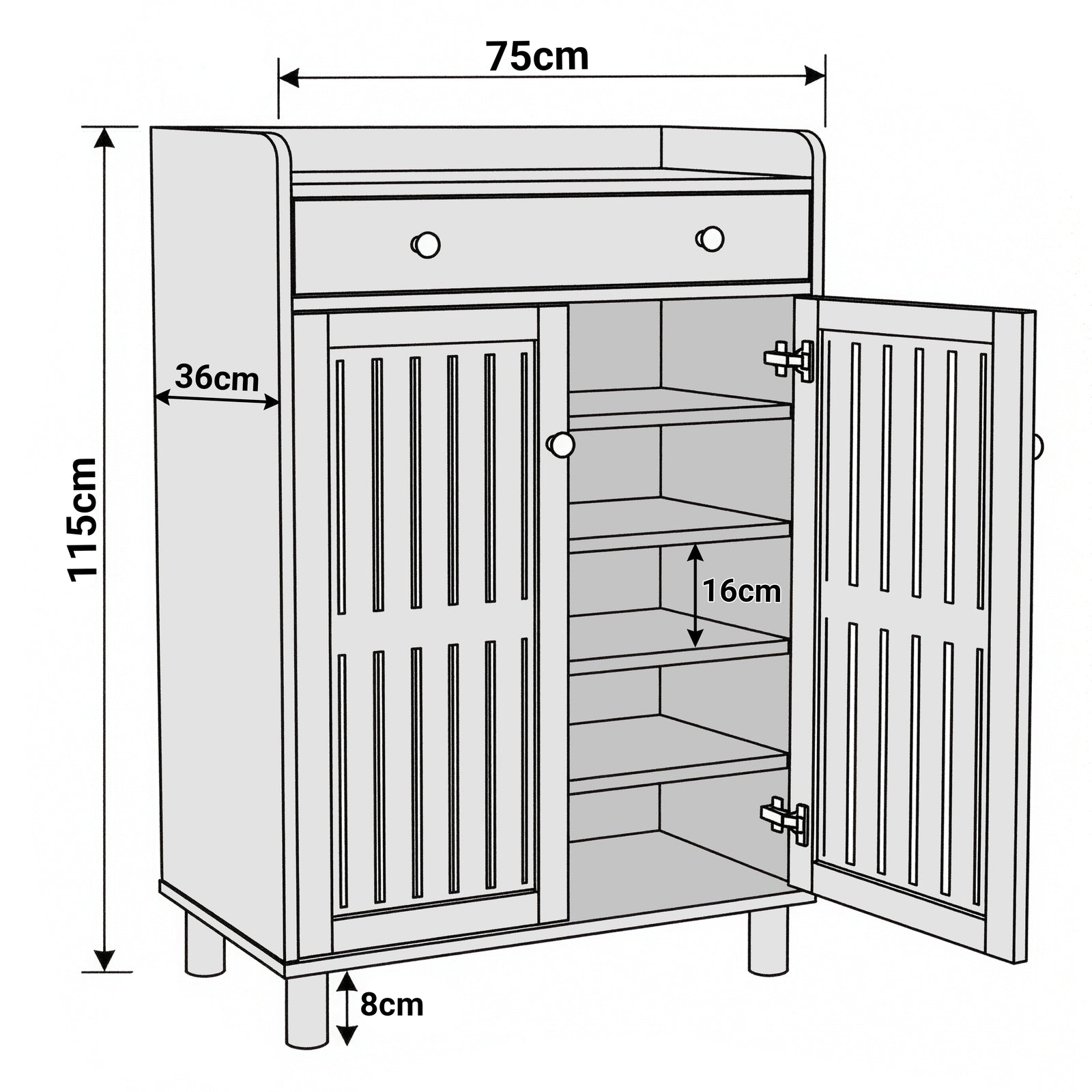 [White] Front and side view diagram of 5 tier shoe cabinet 75x36x115 cm with 16 cm shelf gap between tiers