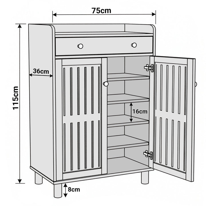 [White] Front and side view diagram of 5 tier shoe cabinet 75x36x115 cm with 16 cm shelf gap between tiers