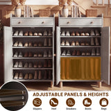 [Grey] Adjustable shelf feature with icons showing accommodation for slippers heels sneakers boots bags