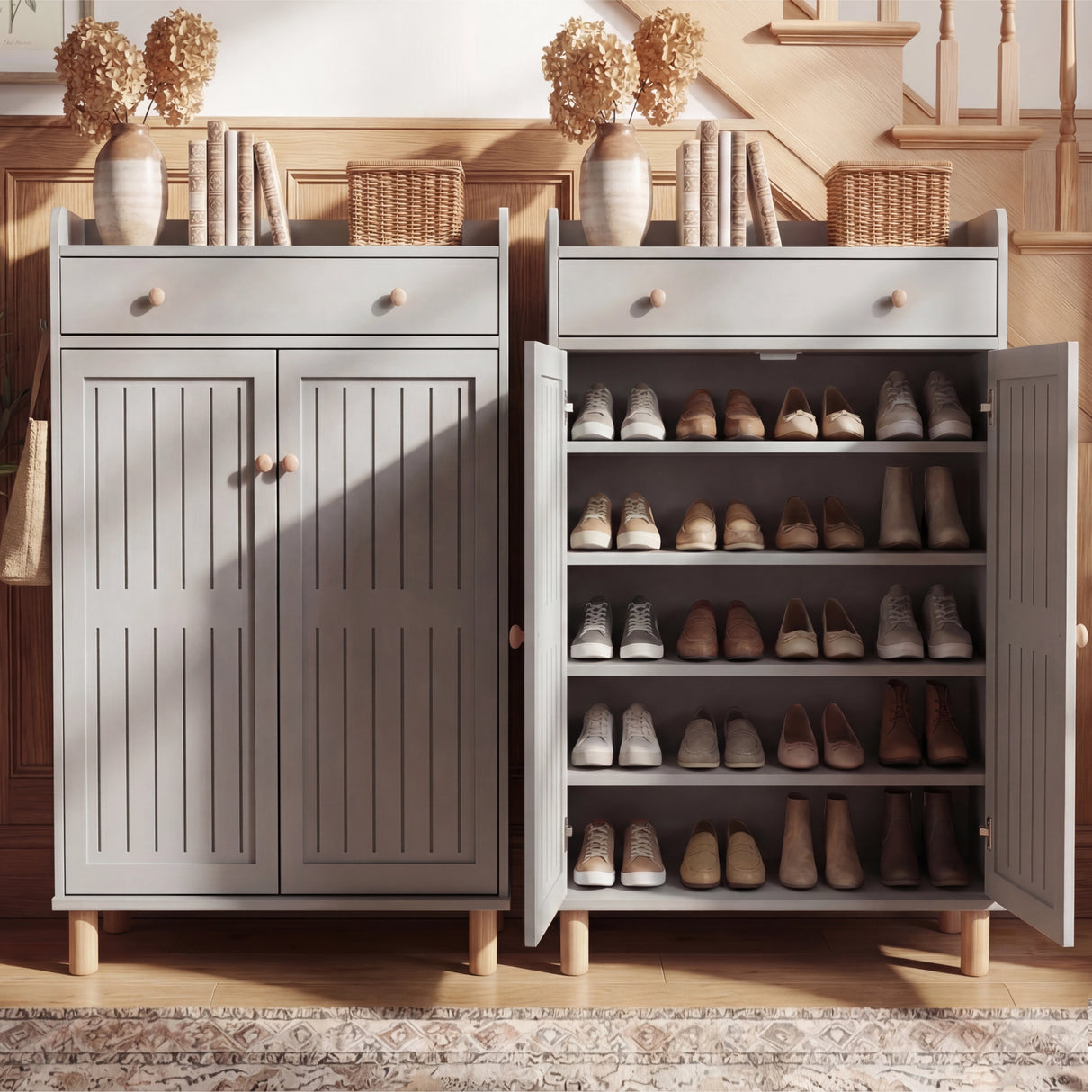 [Grey] Two cabinets showing before and after door opening revealing 5 tiers of shoe racks