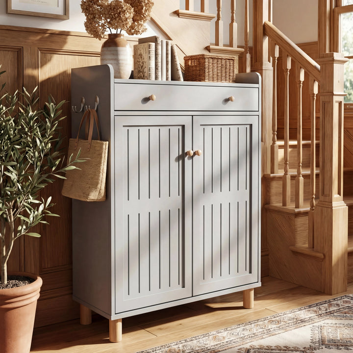 [Grey] 5-tier shoe cabinet with both slatted doors closed styled in hallway beside staircase