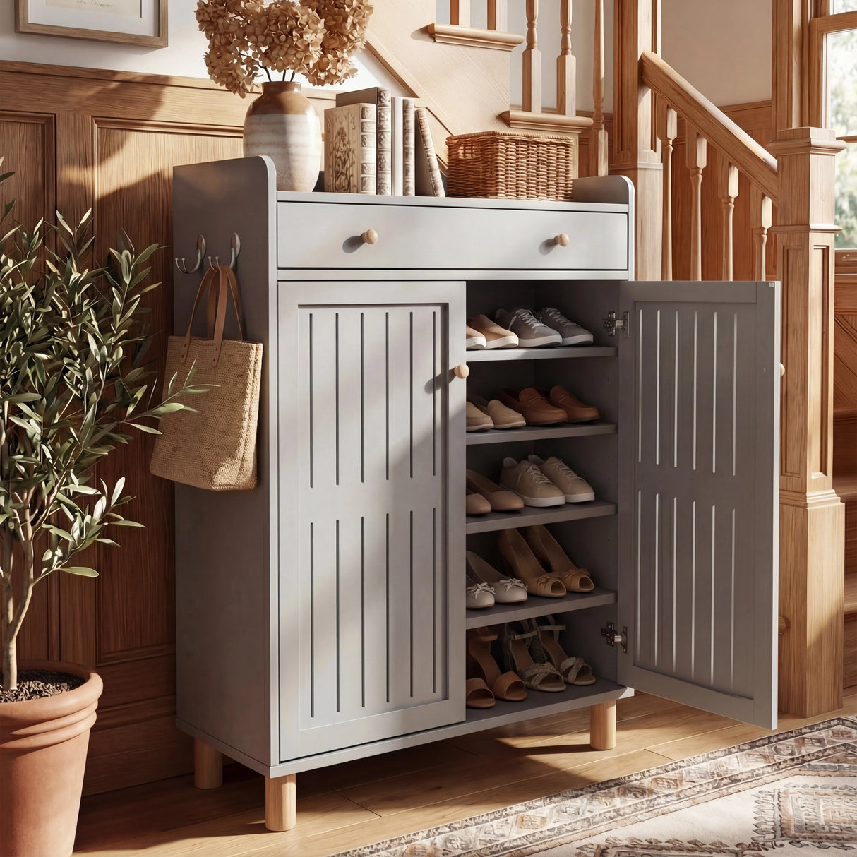[Grey] Shoe storage cabinet with right door open showing 5 tiers of shelving filled with shoes in hallway beside staircase