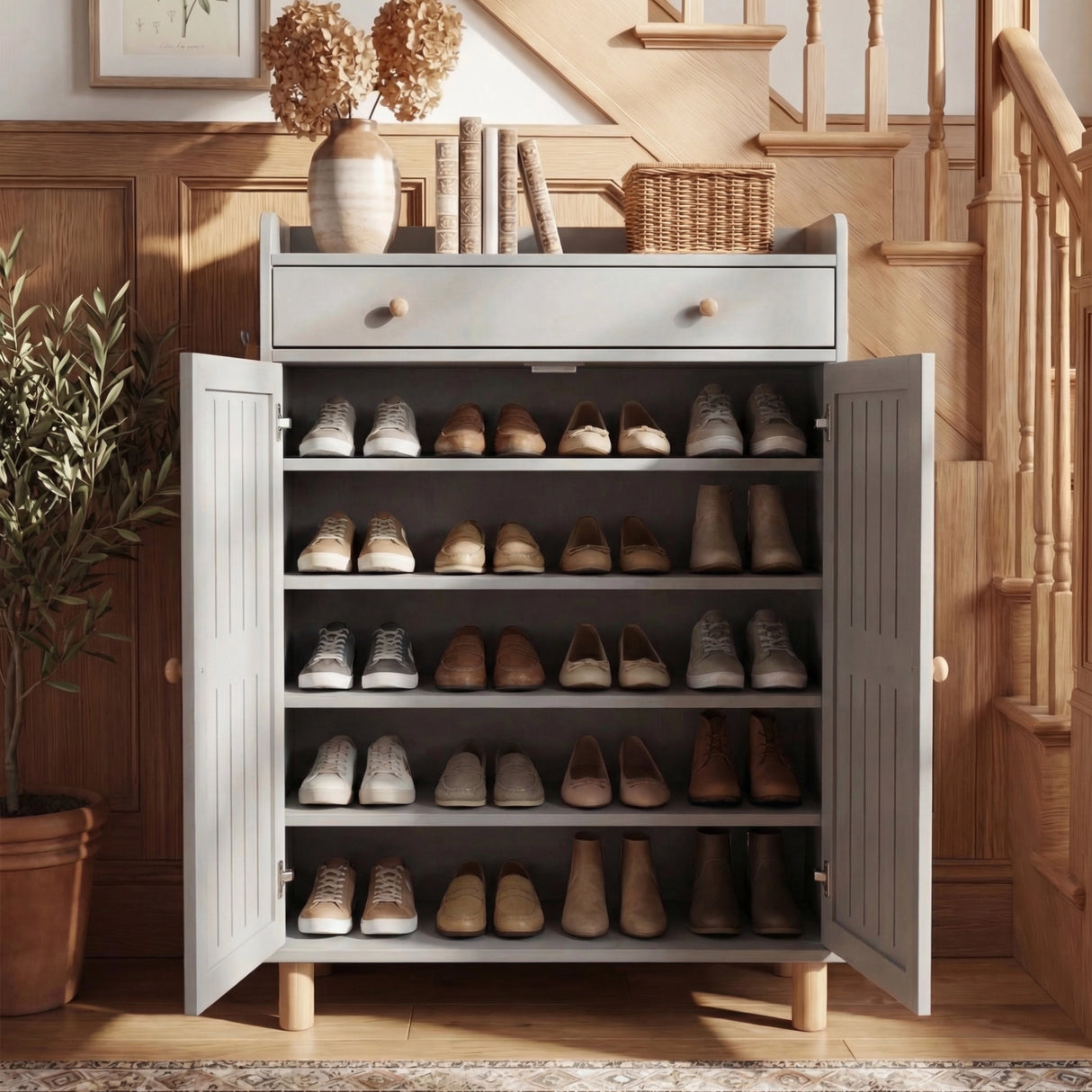 [Grey] Open shoe storage unit displaying maximum shoe capacity across all five tiers