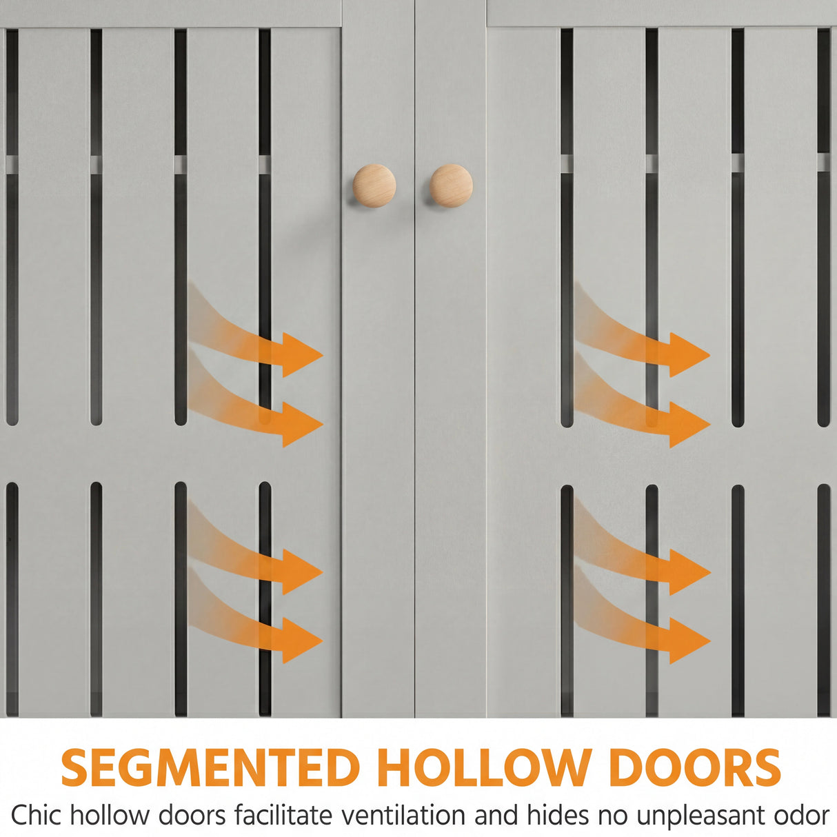 [Grey] Slatted door panel close-up highlighting air circulation design with round wooden knobs