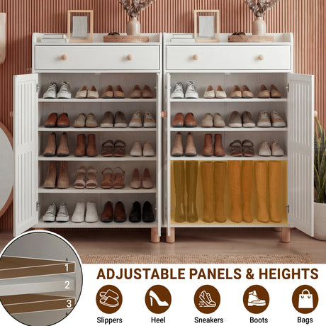 [White] Shelf adjustment feature with panels repositioned to fit flat shoes regular trainers and knee-high boots
