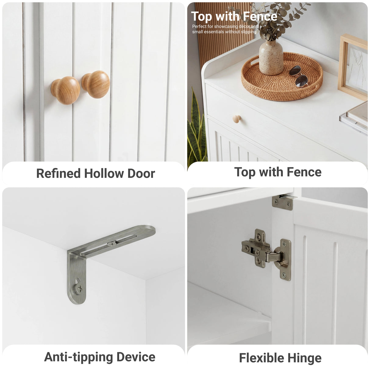 [White] Four detail panels showing round wooden door knobs raised top fence anti-tipping bracket and flexible hinge