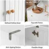 [White] Four detail panels showing round wooden door knobs raised top fence anti-tipping bracket and flexible hinge