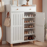 [White] Slatted shoe cabinet with right door open revealing five tiers of shoes on adjustable shelves in hallway