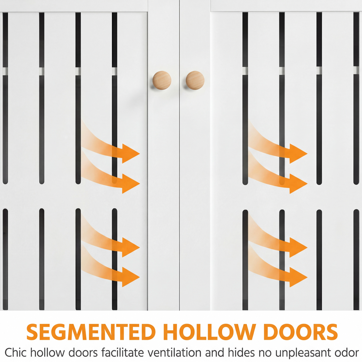 [White] Slatted door ventilation detail with orange arrows showing how air flows through segmented hollow panels