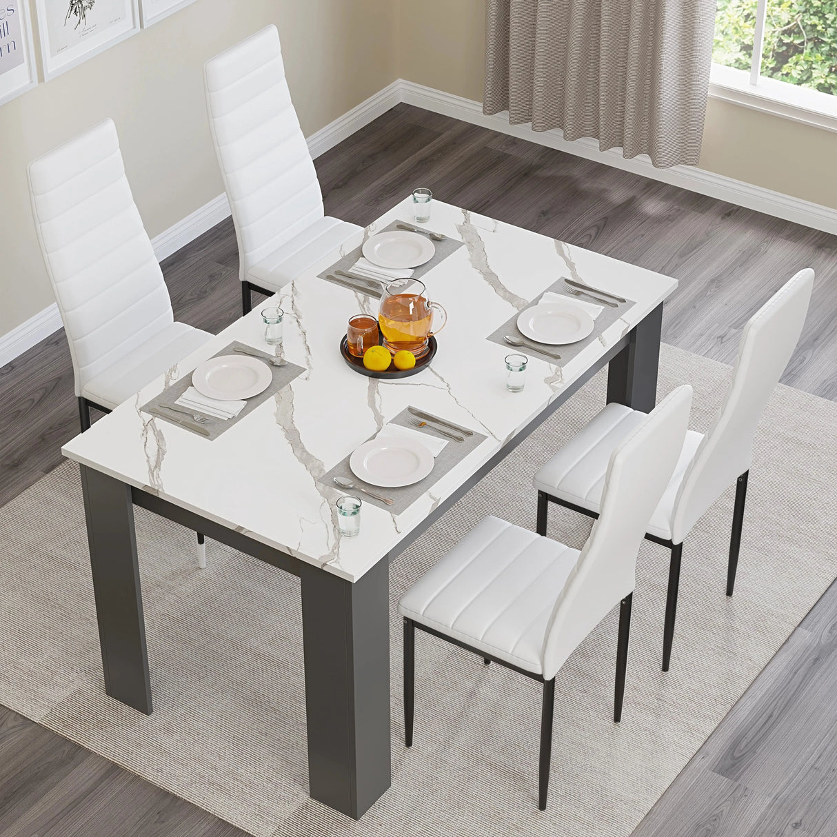 White Marble 4-6 Seater Dining Table and Chairs Set