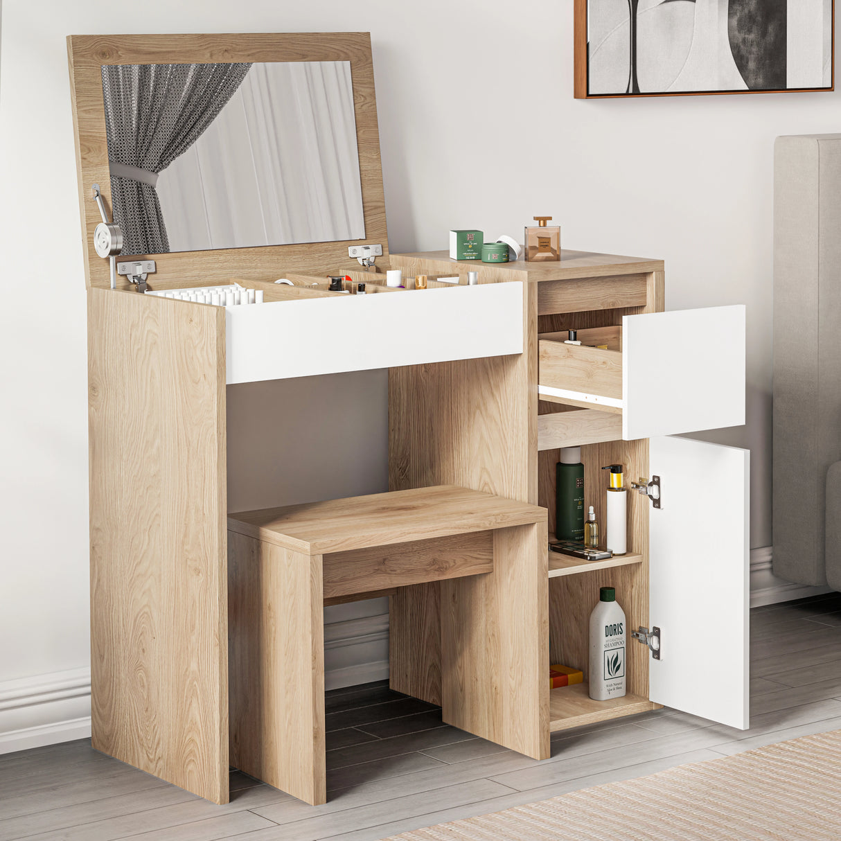 Makeup Dressing Table With Stool & FlipUp Mirror With Storage Sections in light wood finish, featuring drawers, shelves, and a cushioned stool.
